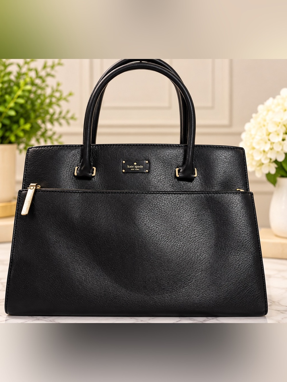 kate spade Black Leather Tote with Gold Accents